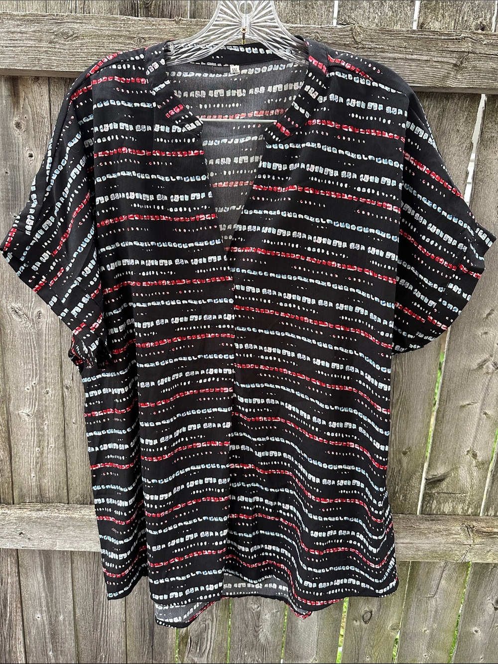 Women's Dark/Black Short-Sleeve Button-Down Shirt with Red & White Stripe Detail